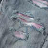 디자이너 Amirssnew 세탁 된 오래된 손상된 사이드 핑크 자수 분홍색 패치 워크 블루 청바지