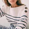 女性用セーターストライプグラフィックプリント女性編みTシャツ長袖ボタンレディプルオーバークラシックカジュアルヴィンテージファムトップ