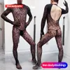 Bodystockings masculinos leopardo bodysuits masculino luvas de manga comprida uma peça lingerie preto fishnet pamas legal senhores pijamas