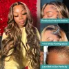 Perruque Lace Front Wig naturelle Body Wave colorée Full HD 360, cheveux humains, à reflets, 13x4, blond miel, pour femmes