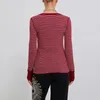 Kadın Tişörtleri Kadın Tee Üstleri Günlük Vintage Kırmızı Çizgili Baskı Bahar V Boyun Uzun Kollu Slim Sak kazaklar için Temel Tişört Sokak Giyim