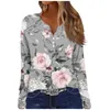 Camiseta feminina com decote em v botão para baixo pulôver com linda rosa impressão moda elegante solto slouchy manga comprida camiseta S-3xl