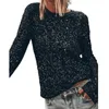 Women's Blouses Sequin Decoration Top Long Sleeve Party Club Blouse Round Neck Hollow Out Back Soft Pullover Shiny Performance