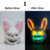 Máscaras de fiesta Navidad LED brillante Cosplay Bunny Face Mask Scary Neon Horror Rabbit Halloween Masquerade Dance Props 231207