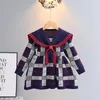 Robe pull à carreaux pour filles de 0 à 7 ans, pull chaud avec nœud tricoté, Style collégien, vêtements pour enfants, automne hiver 2023, 231207