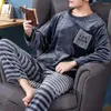 Pijamas masculinos relaxantes conjunto de pijamas de inverno em torno do pescoço manga longa calças superiores grosso quente homewear com cintura elástica macia