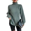 Pull en cachemire pour femme, tricot mi-long, manches Raglan, col rabattu haut, robe pull fendue, nouvelle collection automne/hiver 740