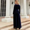 Casual Dresses Velvet Fabric Dress Elegant Vintage A-line Maxi With Pleated Golden Long Sleeve Belted Waist Ankle For Bridesmaid