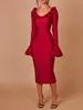 Vestidos casuais vermelho baixo corte queimado manga babados vestido v pescoço bodycon uma linha midi vestidos 2023 inverno banquete noite festa senhora