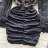 Casual jurken Falda sexy mujer vierkante kraag kant patchwork uitgeholde plooien vestidos vrouwelijke Franse chique magere ritsen jurk laag uitgesneden