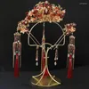 Hårklipp röda kinesiska Phoenix Crown Bridal Headdress Pearl Velvet Flower Tassel National Style Xiuhe Accessories Set