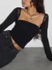 Women's T Shirts Lace Patchwork Crop Tops Strapless Solid Color Tube Long Sleeve Bolero Shrug Set Fall T-Shirt