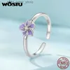 Bague solitaire WOSTU 925 en argent Sterling mystique violet fleur anneaux d'ouverture pour les femmes mignon corée Zircon empilable bague de fête fille cadeau d'anniversaire YQ231207