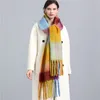 Fashionabla kvinnors halsduk, vinterimitation Cashmere Loop Garn, förtjockat varmt sjal, regnbåge Plaid Patchwork Tassel Scarf