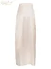 Jupes Clacive Mode Beige Satin Pour Femmes 2023 Élégant Mi Taille Fente Maxi Sexy Slik Longue Jupe Faldas Femme Vêtements 231206