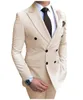 Herrenanzüge, Blazer, Beige, 2-teilig, zweireihig, Revers, flach, schmal geschnitten, lässig, Smoking für Hochzeit, Blazer, Hosen 231206