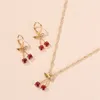 Necklace Earrings Set Lovely Romantic Zircon Red Cherry Pendant Earring For Women Charm Gold Plated Botanical Banquet Party Gift