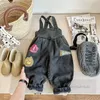 Girls denim overall kids letter badge embroidery suspender pants autumn winter children velvet warm cowboys trousers Z5831