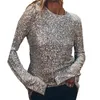 Camicette da donna T-shirt da donna con maniche lunghe in paillettes a maniche lunghe da club per feste con scollo rotondo scollato sul retro