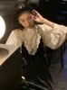 Arbeitskleider Ins Herbst Schwarz Samt 2 Stück Kleid Set Frau Langarm Spitze Crop Tops Schlank Französisch Vintage Koreanische Retro Anzug