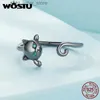 ソリティアリングWOSTU 925スターリングブラックキャットグリーンアイのかわいいペットオープンリング