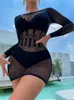 Casual Dresses Lingerie Diamond Long Sleeved Buttocks Mature Charm Elegant Wrapped Hollowed Out Mesh Clothing Sexy Dress 307W