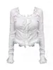 Camisetas para mujer Moda coreana Camisetas blancas sexy Camisetas de encaje elegantes Gyaru delgadas Top corto con cuello redondo Ropa de calle simple informal Mori Girl Coquette