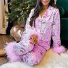 Ensemble de pyjama 2 pièces pour femmes Sleep Lounge à carreaux imprimé floral Homesuit Chic plume à manches longues revers boutonné chemise hauts pantalons ensembles de vêtements de nuit 231207