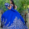 Robes De Quinceanera bleues brillantes, robe De bal, épaules dénudées, Corset, perles De cristal, paillettes, Appliques en dentelle, robes De 15 ans