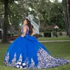 Robes De Quinceanera bleues brillantes, robe De bal, épaules dénudées, Corset, perles De cristal, paillettes, Appliques en dentelle, robes De 15 ans