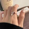 Bagues de cluster Mode Argent Couleur Ouvert Bague Fleur Rouge Bonne Fortune Bonheur Perle Pour Femmes Fille Bijoux Cadeau Dropship En Gros