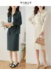 ワークドレスVimly Elegant Vintage Shirt and Slit Midi Skirt Women Office衣装のための2ピースセット2023 Spring in Match V8071