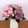 Decorative Flowers Wreaths 30cm Pink Silk Rose Bouquet Peony Artificial 5 Big Heads 4 Small Bud Bride Wedding Home Decoration Fake Faux 231207