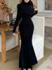 Casual jurken Winter Elegant Black Mermaid Dress Women Chic Long Sleeve Sexy Evening Party Frans Vintage Pretty 2023