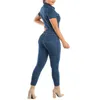 Macacões femininos macacão verão botão halfopen denim macacão lapela manga curta jaquetas femininas casual slim fit lápis jeans 231206