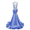 Robes de bal sirène bleu royal sexy pure col en V perles cristaux volants longues robes de soirée côtés coupés femmes occasion robe BM3502 127