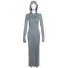 Vestidos casuales mujeres con capucha manga larga maxi vestido dividido moda otoño invierno bodycon streetwear gris y2k