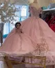 Princesa brilhante quinceanera vestidos rosa fora do ombro vestido de baile apliques cristais contas renda doce 15th vestido vestidos de baile s