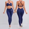 Conjuntos ativos logotipo personalizado cruz sem costas esporte terno para fitness feminino treino ginásio leggings conjunto com push up roupas de yoga feminino