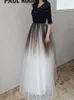 Fancy Evening Dresses Long Prom Dress Elegant V-Neck Short Sleeves Zipper Back Tulle with Shining Sequins