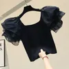 Women's T Shirts 2023 Chic Summer Crop Sexig Top Women Sweetheart Halsring Slim Petal Kort ärmar Organza Shirt Elegant Blus