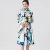 Women's Runway Designer Two Piece Dress Turn Down Collar Long Sleeves Printed Shirt with Floral Skirtw Fashion Twinset Sets