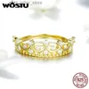 Anello solitario WOSTU 925 Sterling Silver 18K Gold Royal Crown Anelli a fascia per le donne Shiny Zircone Festa di nozze Anello Ragazza Compleanno Gioielli Regalo YQ231207