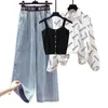 Kvinnors tvådelar byxor koreanska brev tryck solskyddsmedel chiffongskjorta sling väst bred ben jeans tre stycke eleganta kvinnor sätter sommarkläder 231206