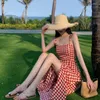 Casual jurken mouwloze lange jurk vrouwen zomer zonsondergang klassieke geruite elegante vakantie zachte humeur feminino vestidos vrouwelijke kleding