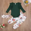 Conjuntos de roupas Focusnorm nascidos bebês meninas roupas 3 pcs babados malha manga longa macacão floral calças headband 0-18m