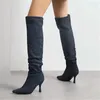 Boots Super High Thin Heels Suede Upper Women Casual Soft Sole Thigh Boot Retro Style Solid Color Pointed Toe Slip-On Slouch