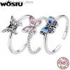 Solitaire Ring WOSTU 925 Butterfly Opening Ring Sterling Silver Original Colorful Jewelry for Women Spring Party Wedding Date Gift Size6-8 YQ231207