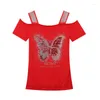 T-shirts pour femmes Marque Causal Butterfly Design Vêtements européens T-shirt Sexy Off Épaule Brillant Diamants Mesh Élégant Tops Tees Blouse