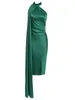 Casual klänningar sexig halsduk krage backless midi klänning kvinnor elegant grön satin halter ärmlös kroppskon kändis klubb parti